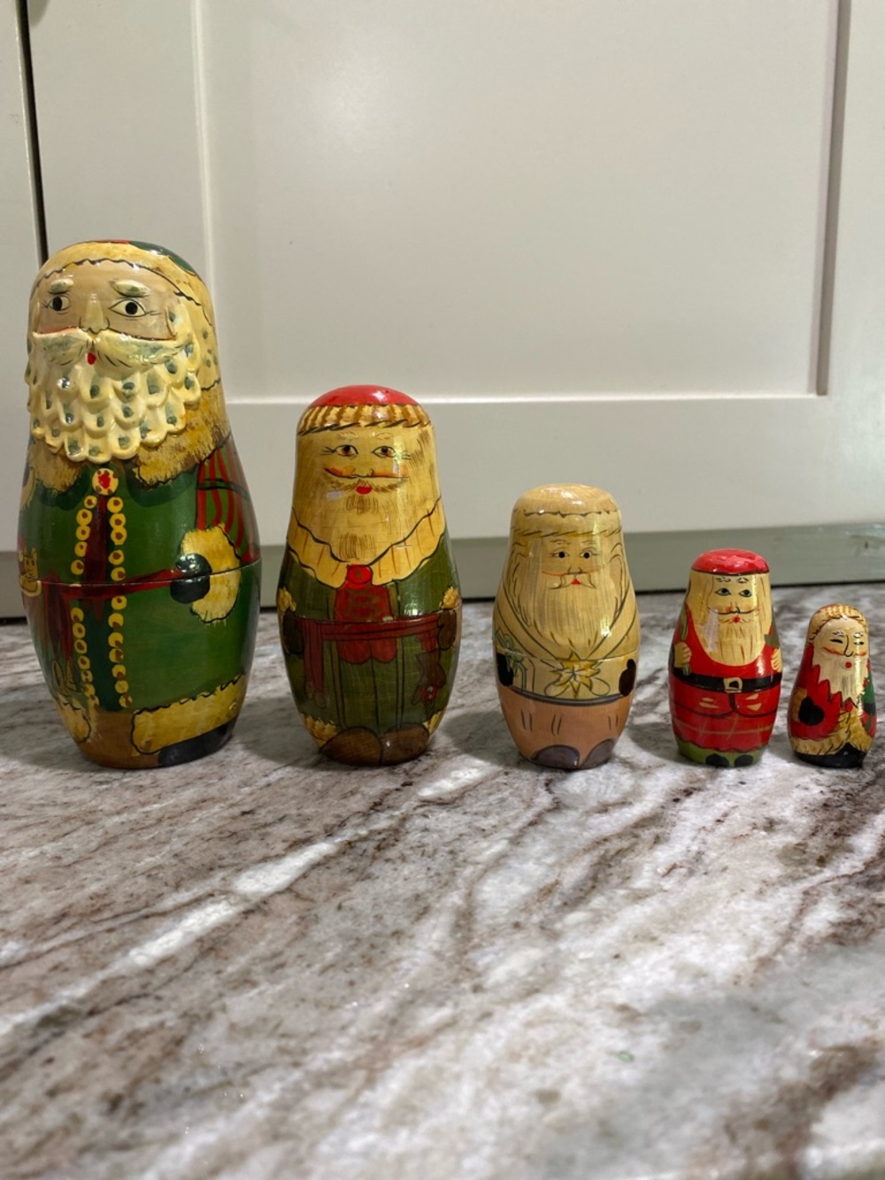 Vintage Hand-Painted Russian Santa Nesting Dolls Set - Green and Red